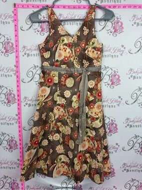 Dress Brown Floral Midi Dress with Cream and Red Accents